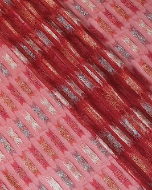 قماش شيفون من الحرير الخالص الفاخر باللون الأحمر مع لوريكس معدني متعدد الألوان بتصميم تجريدي-D10037
