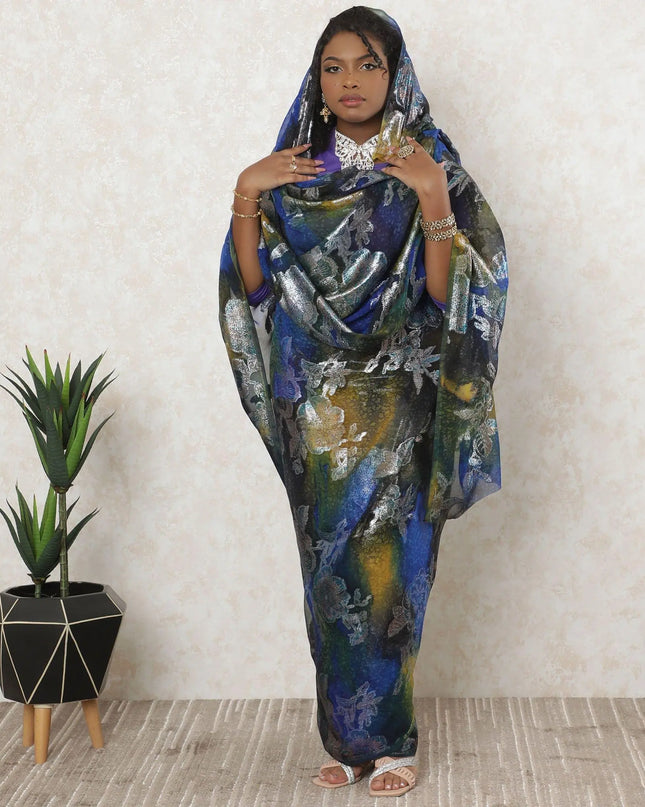 Multicolor Premium pure silk chiffon thobe with same tone metallic lurex in floral design-D11647 Regal Fabrics
