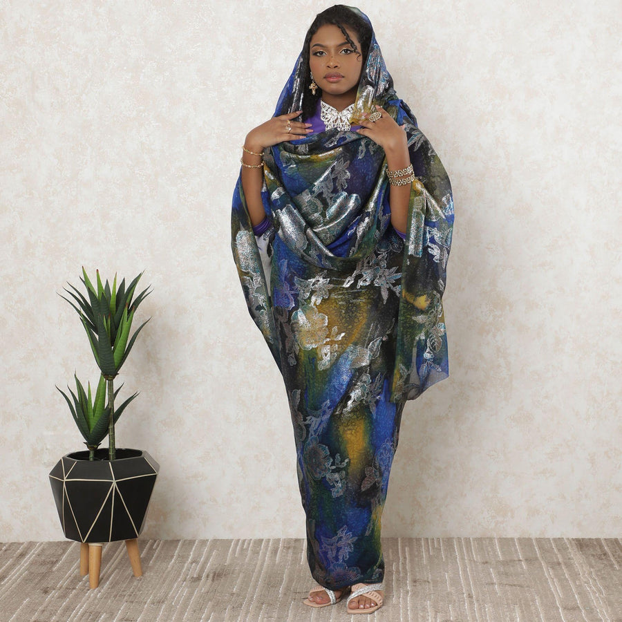 Multicolor Premium pure silk chiffon thobe with same tone metallic lurex in floral design-D11647