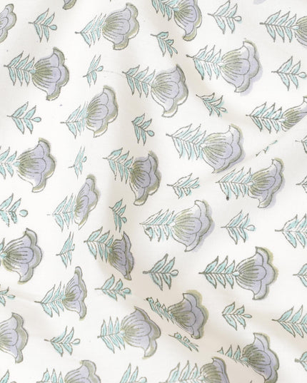 Off white cotton lawn fabric with sage green, olive green and light lavender print in floral design-D8437 Regal Fabrics