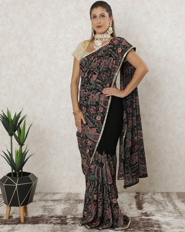 Black premium pure georgette Kashmiri work saree with multicolor embroidery having stone work and gold border bead work in paisley design-D12565