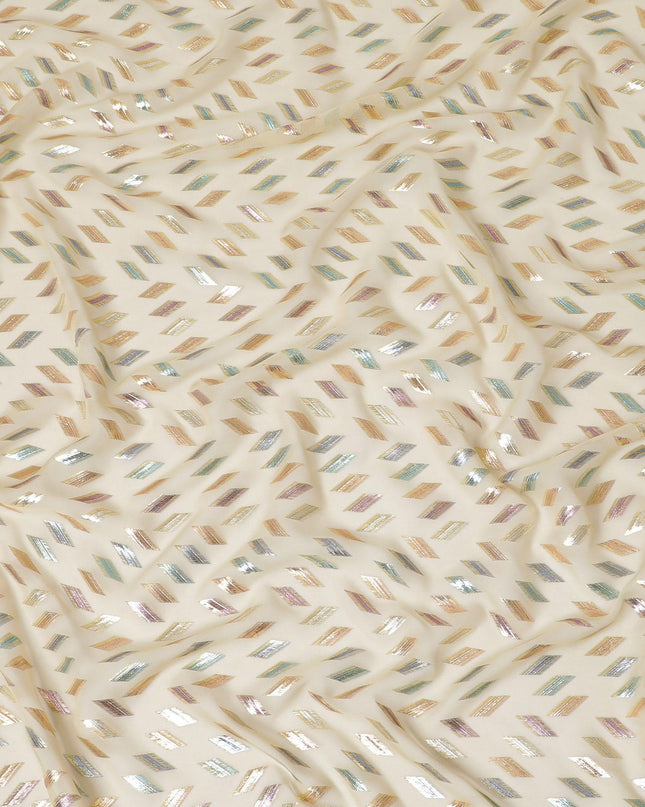 قماش شيفون حرير خالص فاخر باللون البيج اللاتيه مع لوريكس معدني متعدد الألوان بتصميم هندسي-D13136