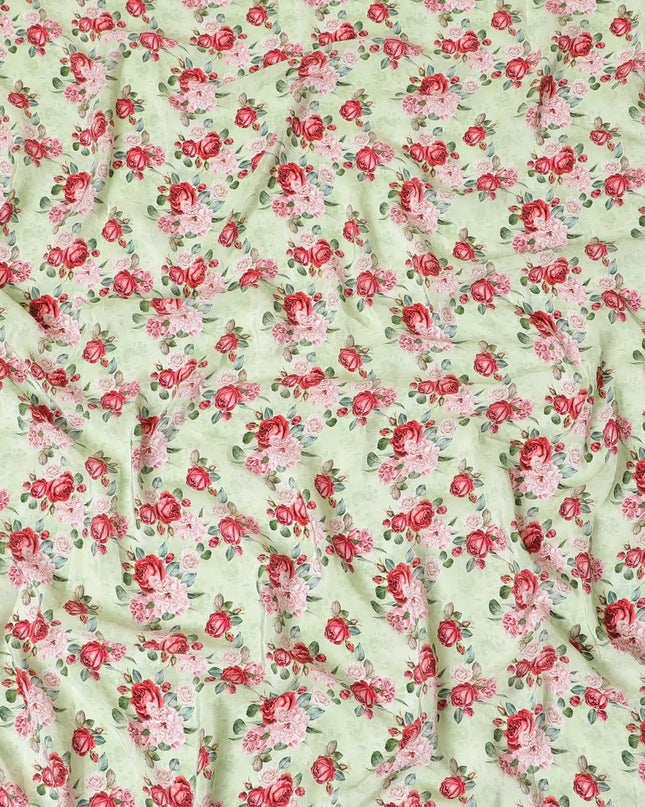 Sage green premium pure silk crepe fabric with ruby pink, olive green and powder pink print in floral design-D9405 Regal Fabrics