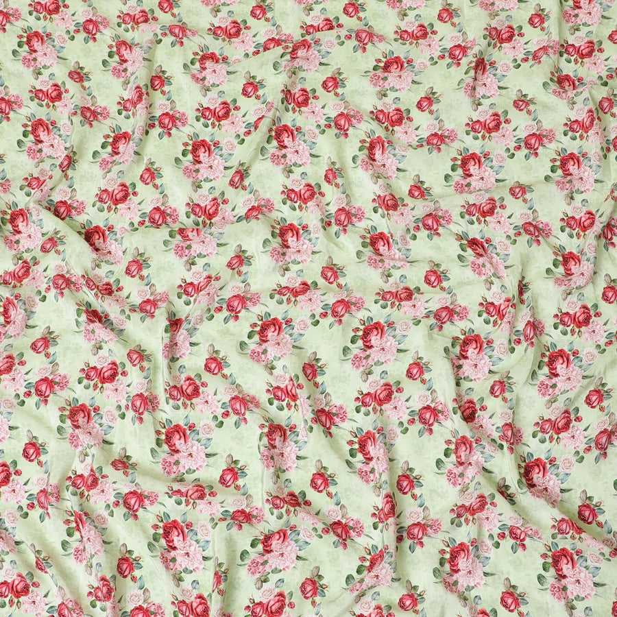 قماش كريب من الحرير الخالص الفاخر باللون الأخضر الداكن مع طباعة باللون الوردي الياقوتي والأخضر الزيتوني والوردي الفاتح بتصميم الأزهار-D9405