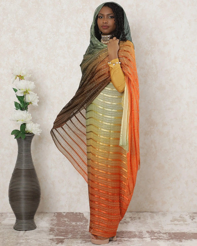 Multicolor Premium synthetic chiffon thobe with gold metallic foil print in stripe design-D14390 Regal Fabrics