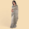 Mushroom gray synthetic chiffon saree with multicolor embroidery in floral design. Powder blue color blouse piece-D12755 Regal Fabrics