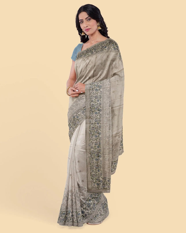 Mushroom gray synthetic chiffon saree with multicolor embroidery in floral design. Powder blue color blouse piece-D12755 Regal Fabrics