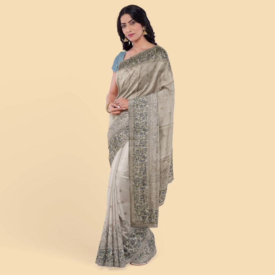 Mushroom gray synthetic chiffon saree with multicolor embroidery in floral design. Powder blue color blouse piece-D12755 Regal Fabrics