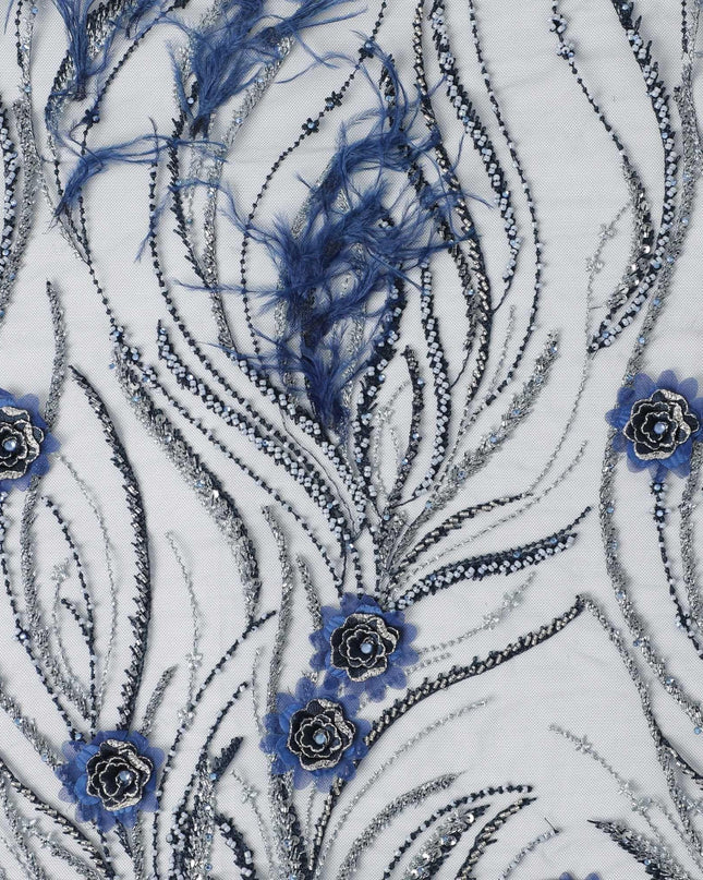 Yale blue nylon tulle fabric with same tone, silver embroidery, feathers having yale blue and navy blue 3d flowers , silver sequins and bead work in floral design Regal Fabrics