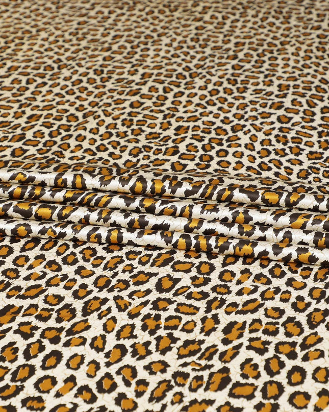 Beige premium 100% pure silk satin fabric with mustard, olive green and black print in animal skin design-D9287