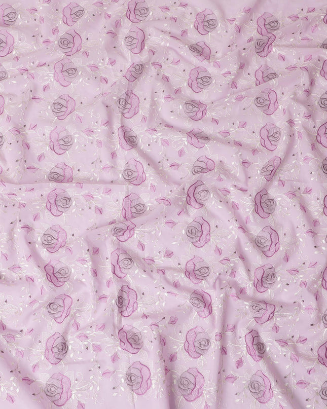 Baby pink Premium pure cotton voile fabric with lavender pink and beige embroidery in floral design-D15253