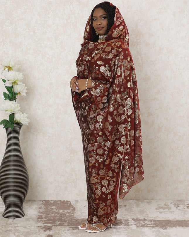 Maroon Premium pure silk chiffon thobe with black viscose and gold metallic lurex in floral design-D14364