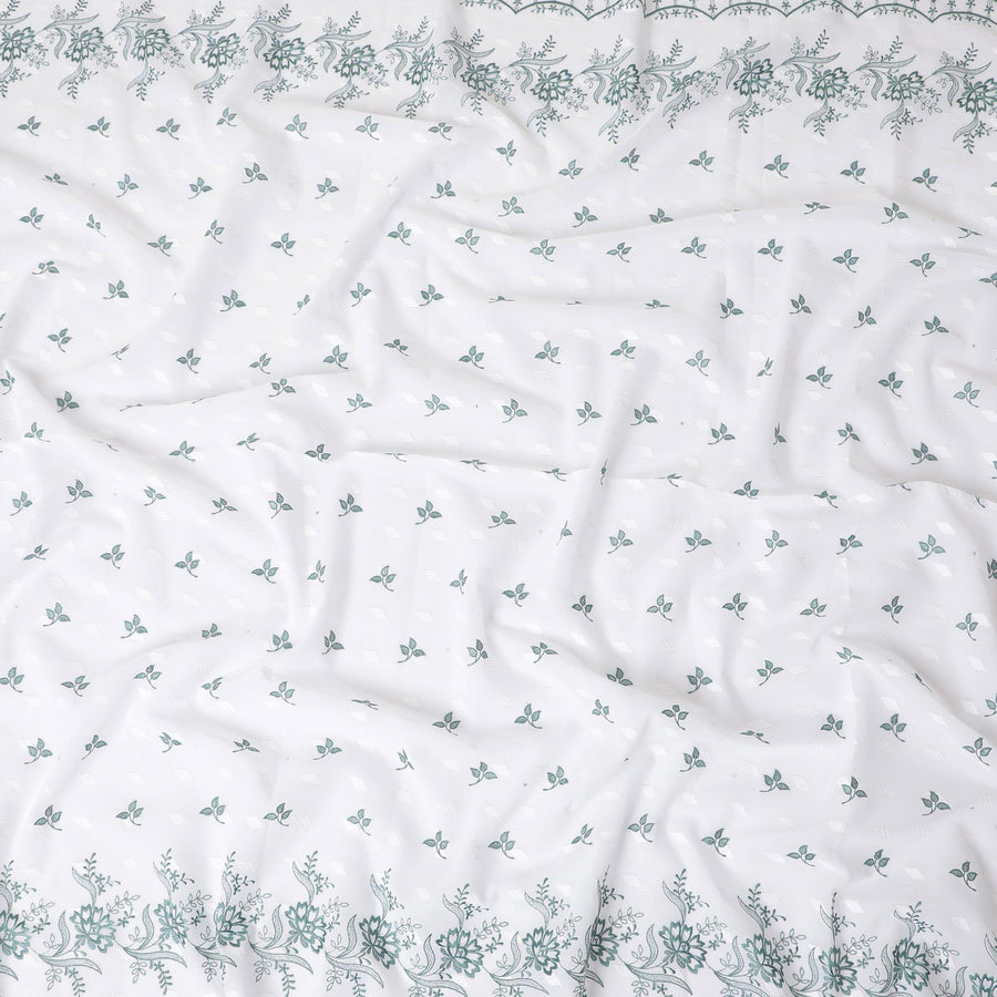 White Premium Swiss cotton voile thobe with same tone and sea green embroidery in floral design having stone work-D11628