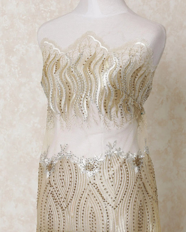 Gold nylon tulle fabric with  same tone, off white embroidery having stone work in abstract design-D14422 Regal Fabrics