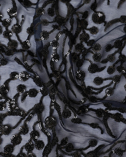 Navy blue premium pure silk chiffon fabric with black sequin embroidery in floral design-D13200