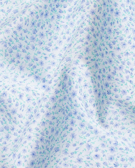 White 100% Swiss cotton lawn fabric with turquoise green and lavender print in floral design-D10102