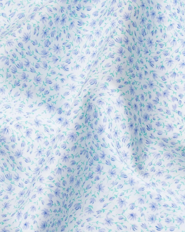 White 100% Swiss cotton lawn fabric with turquoise green and lavender print in floral design-D10102 Regal Fabrics