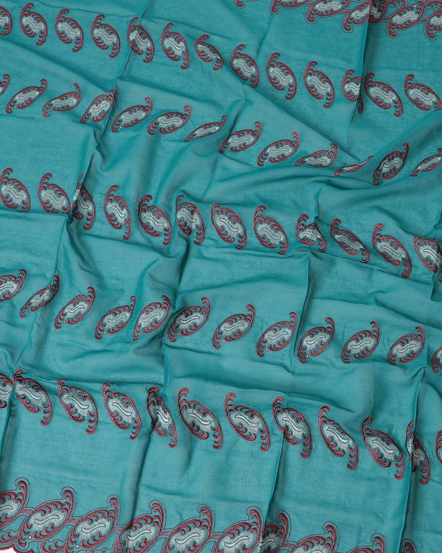 قماش فوال من القطن السويسري باللون الأخضر البحري مع تطريز معدني باللون الأحمر والبيج ومتعدد الألوان بتصميم الأزهار-D6320