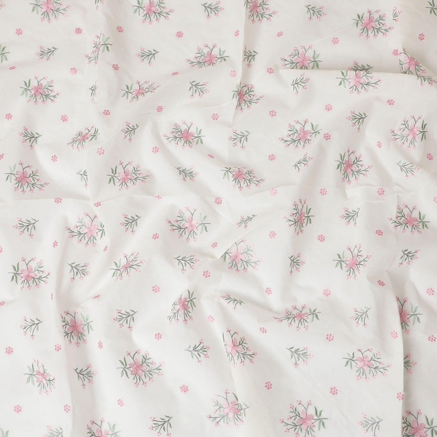 Cream premium pure cotton voile fabric with baby pink, moss green and grey embroidery in floral design-D13686