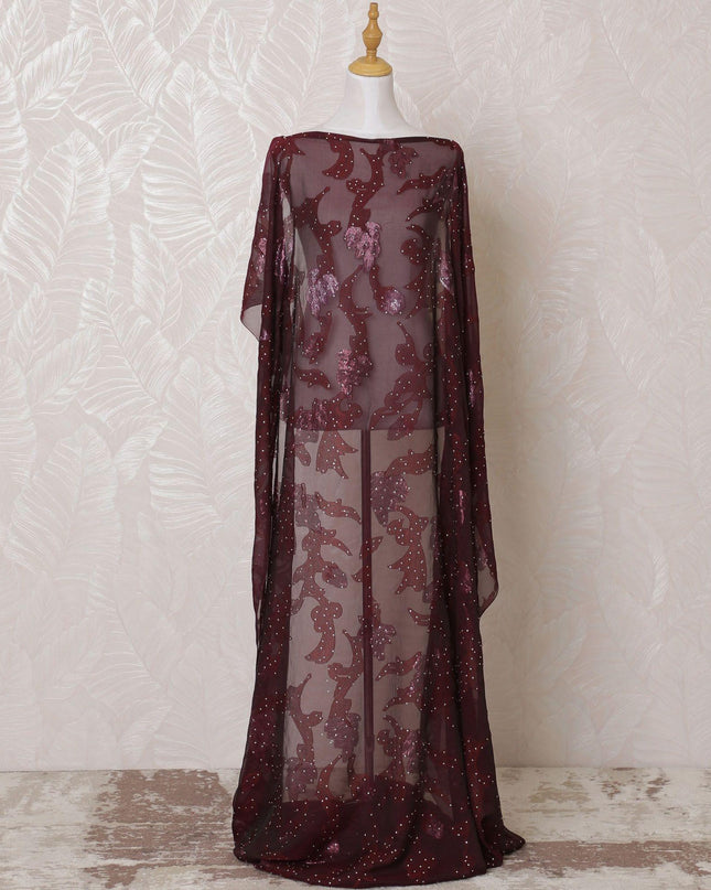 قماش ديراك من الشيفون الحريري الفرنسي الخالص (الفرانساوي) باللون العنابي مع نفس اللون من الفيسكوز والوركس المعدني بتصميم الأزهار -D15131