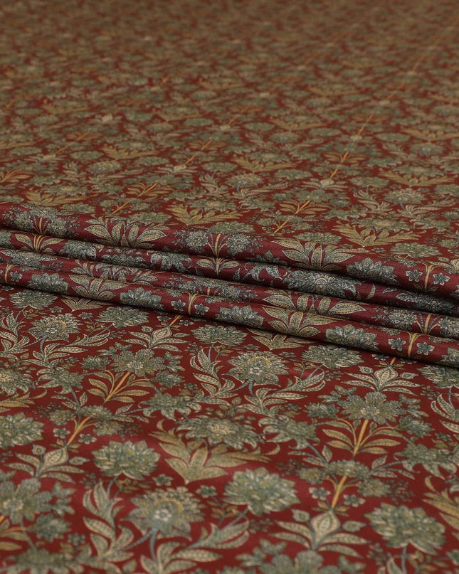 قماش ساتان صناعي بني كستنائي مع طباعة زيتونية وبيج بتصميم زهور-D9102