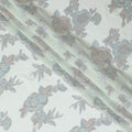Vista green premium pure silk chiffon fabric with silver, baby blue and copper metallic lurex in floral design-D11500