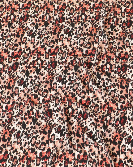 Beige premium pure silk crepe fabric with peach and black print in animal skin design-D9391