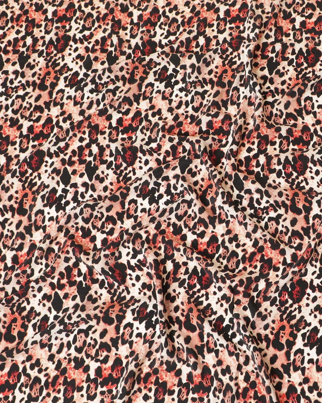 Beige premium pure silk crepe fabric with peach and black print in animal skin design-D9391