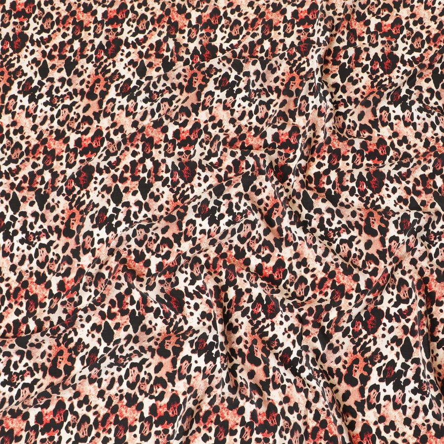 Beige premium pure silk crepe fabric with peach and black print in animal skin design-D9391