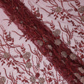 Maroon nylon tulle fabric with same tone, gold embroidery having bead work and pearl work in floral design-D13797