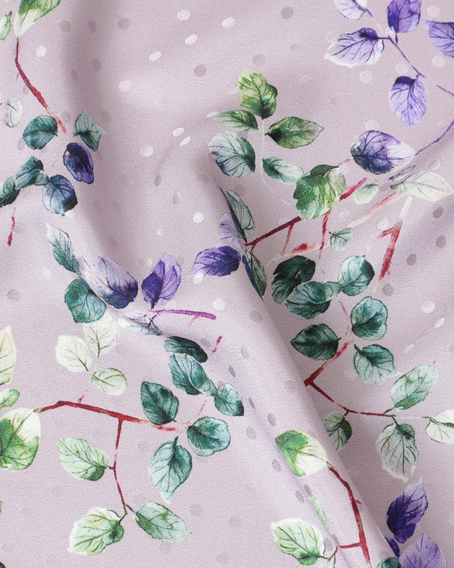 Light Lavender Italian premium pure silk satin with same tone dot jacquard having multicolor print in floral design-D9721