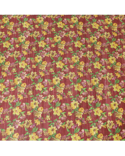 Marron tussar silk fabric with parrot green, light mustard, mint green and ruby pink print in floral design-D6141