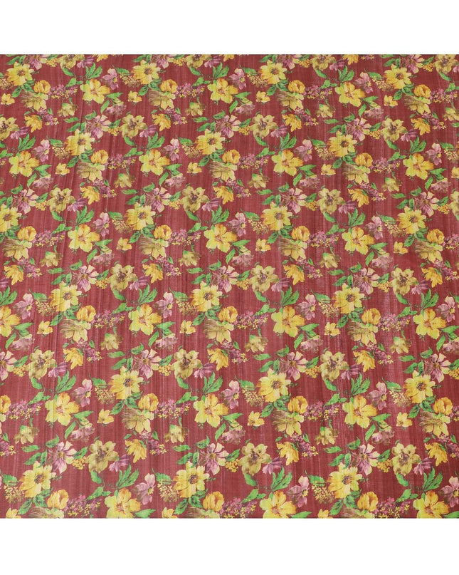 Marron tussar silk fabric with parrot green, light mustard, mint green and ruby pink print in floral design-D6141