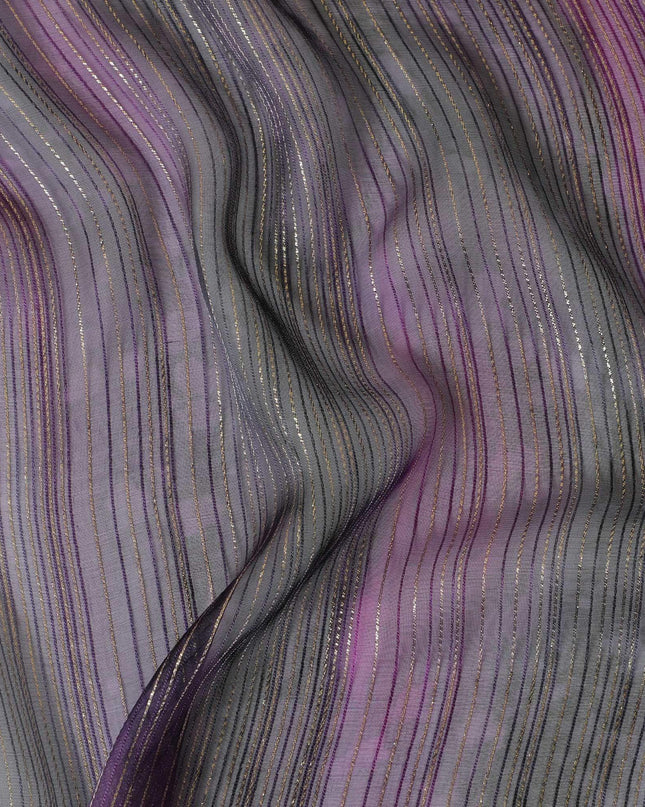 Black premium pure silk chiffon fabric with pink print having gold metallic lurex in stripe design-D9045