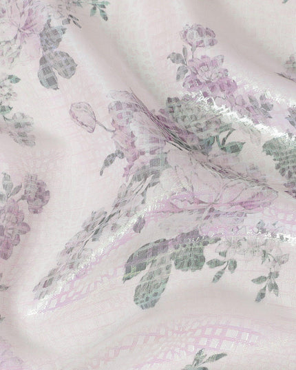 قماش شيفون من الحرير الخالص باللون الأبيض الفاتح مع طباعة متعددة الألوان مع لوريكس معدني أخضر نيون بتصميم الأزهار-D15465