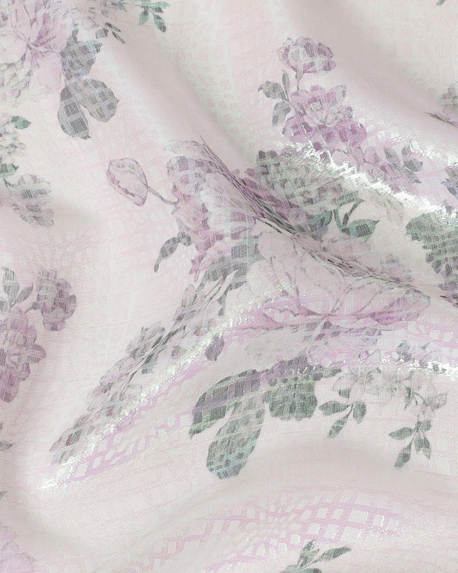 قماش شيفون من الحرير الخالص باللون الأبيض الفاتح مع طباعة متعددة الألوان مع لوريكس معدني أخضر نيون بتصميم الأزهار-D15465