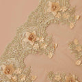 Gold nylon tulle fabric with same tone and Dijon yellow embroidery having pearls and 3d flowers in floral design-D9202
