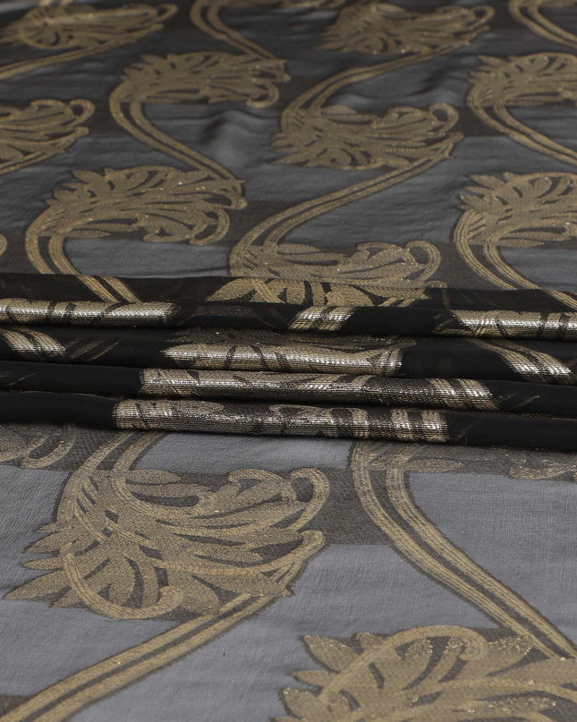 Black Premium pure French (Fransawi) silk chiffon fabric with gold metallic lurex in floral design-D9669