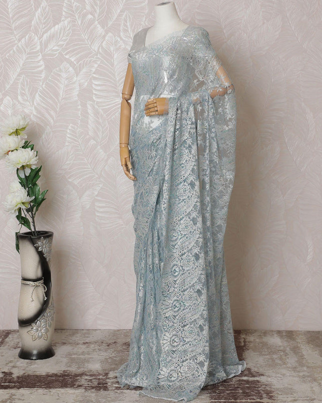 Baby blue, multicolor Premium pure metallic French chantilly lace saree in paisley design-D14916