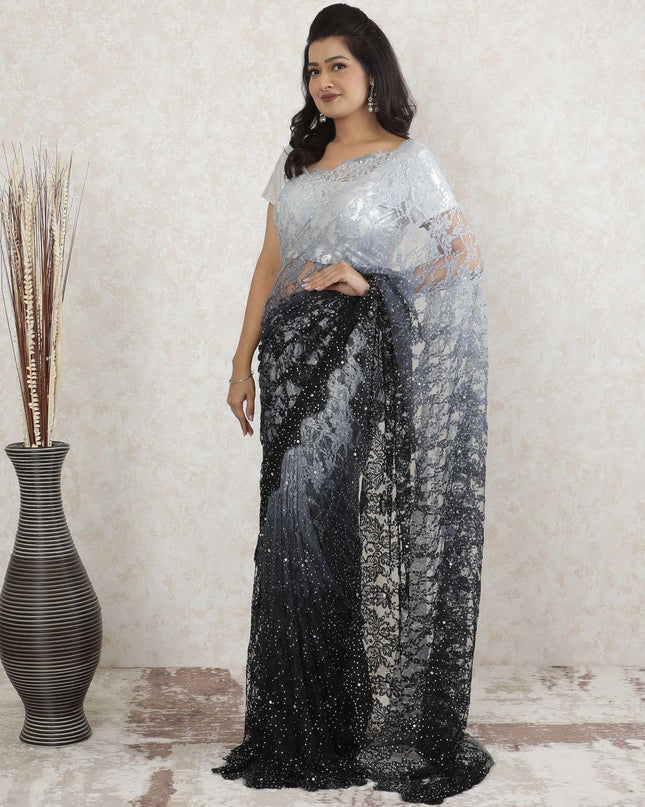 Black to Pearl grey Premium Pure French chnatilly saree lace having stone work in ombre design-D13469