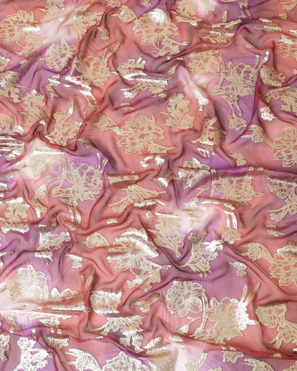 Brick red, magenta pink Premium Pure silk chiffon dirac with gold metallic lurex in floral design-D8866