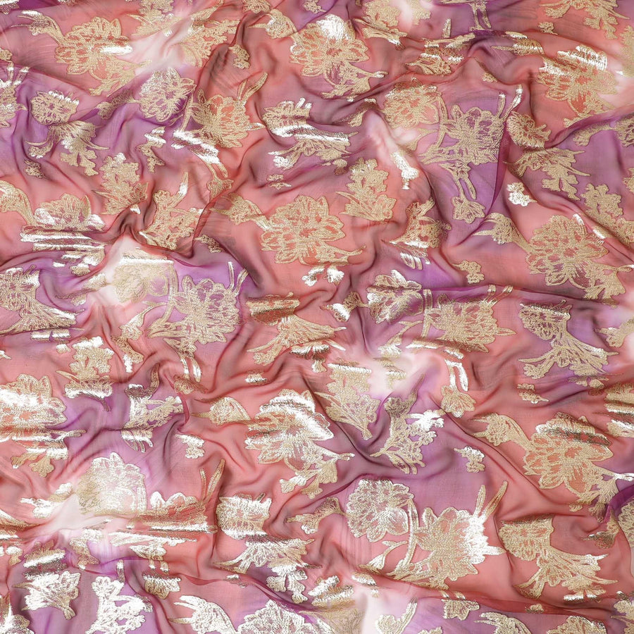 Brick red, magenta pink Premium Pure silk chiffon dirac with gold metallic lurex in floral design-D8866