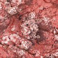 Rusty orange Premium Italian silk chiffon dirac (makmal) fabric with off white and black print having velvet jacquard in floral design-D8701 Regal Fabrics