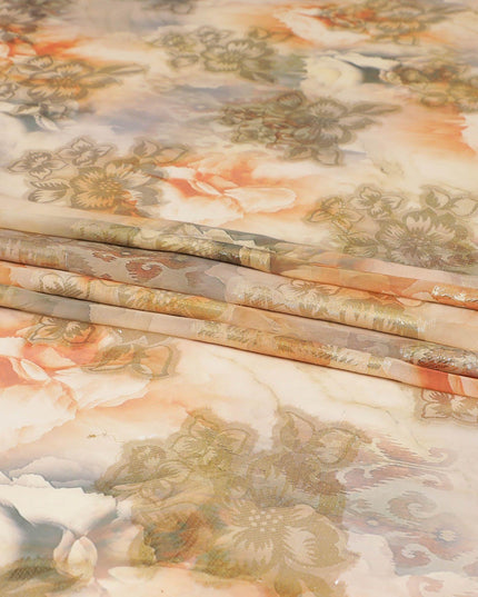 Melon orange synthetic chiffon fabric with same tone and royal orange print having gold metallic lurex in floral design-D7005 Regal Fabrics
