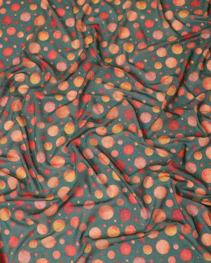 Forest green cotton voile fabric with squash orange and flax yellow print in polka dot design-D10358 Regal Fabrics