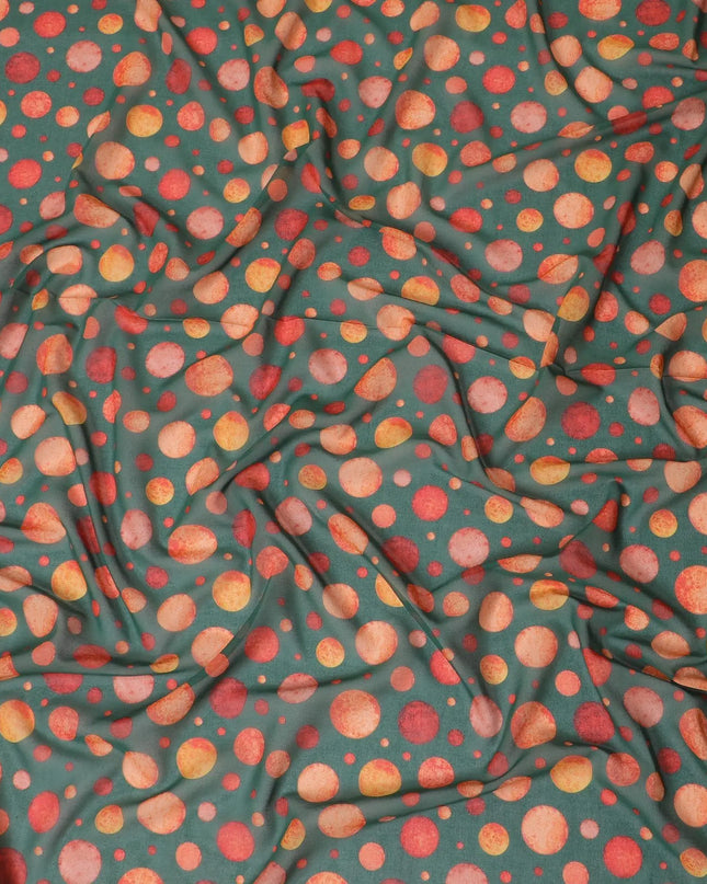 Forest green cotton voile fabric with squash orange and flax yellow print in polka dot design-D10358 Regal Fabrics