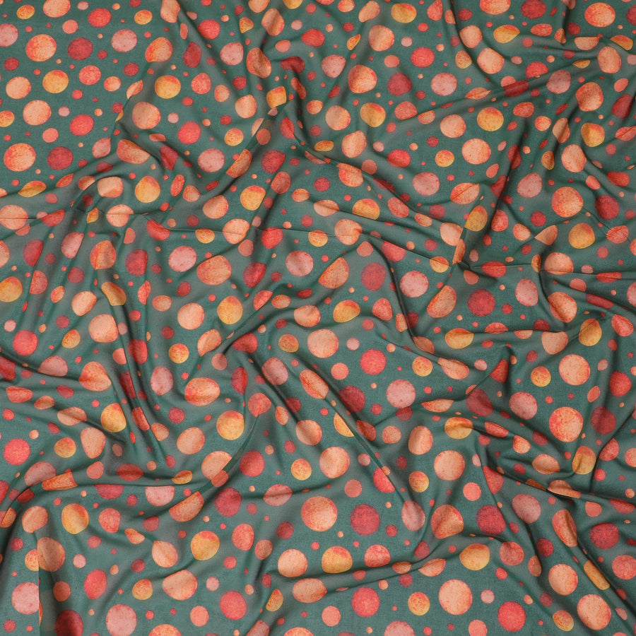 Forest green cotton voile fabric with squash orange and flax yellow print in polka dot design-D10358 Regal Fabrics