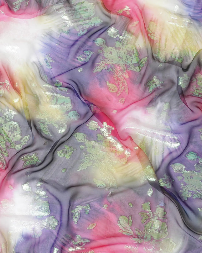 Multicolor premium pure silk chiffon garbasaar with neon green metallic lurex in floral design-D9553 Regal Fabrics