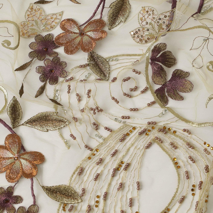 Sage Green nylon tulle fabric with brown, gold embroidery and multi color sequins in floral design