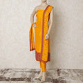 Gold yellow silk kameez with multicolor kashmiri embroidery having stone work in paisley design. Gold plain salwar with chiffon dupatta having multicolor embroidery and stone work-D12682 Regal Fabrics